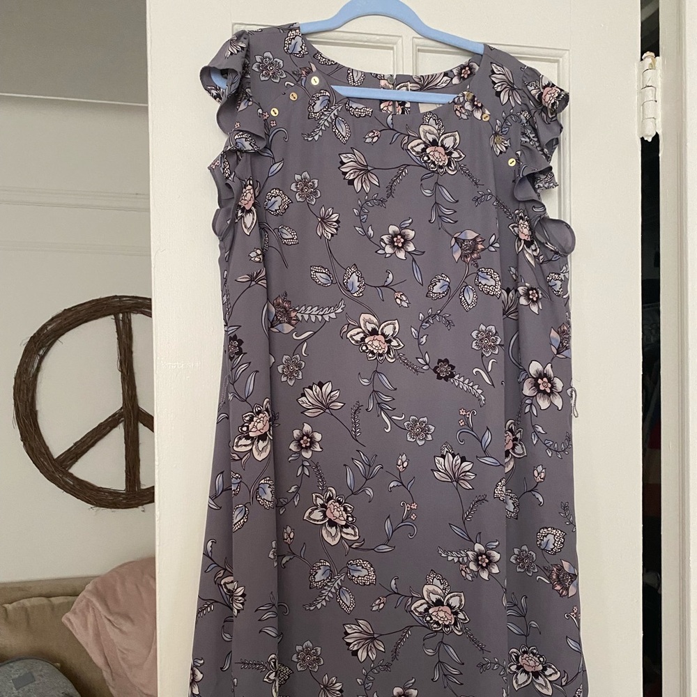 Loft Purple “Flutter Sleeve” Printed Dress 18W